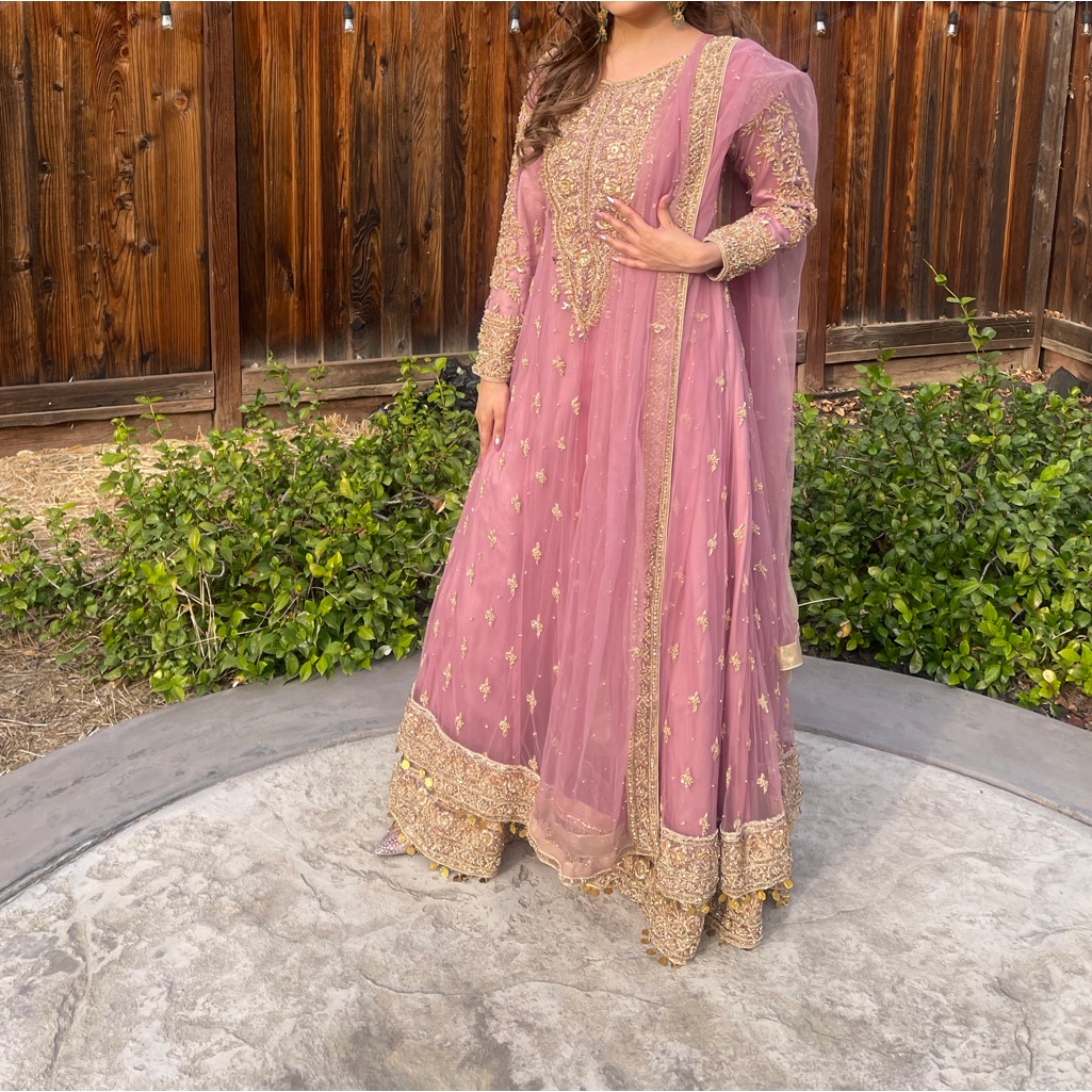 Elegant Pink Embroidered Women's Dress With Gold Accents